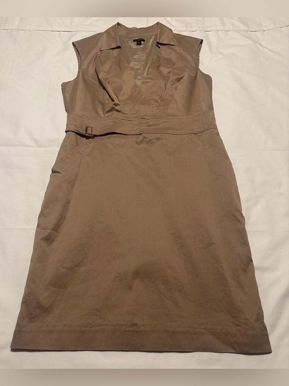 Ann Taylor Sleeveless V-Neck Belted Dress in Beige